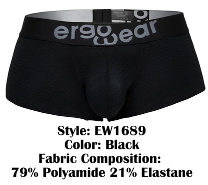 Black ergonomic briefs ergo wear ew1689 max flow trunks with perforated mesh texture and gray logo on waistband