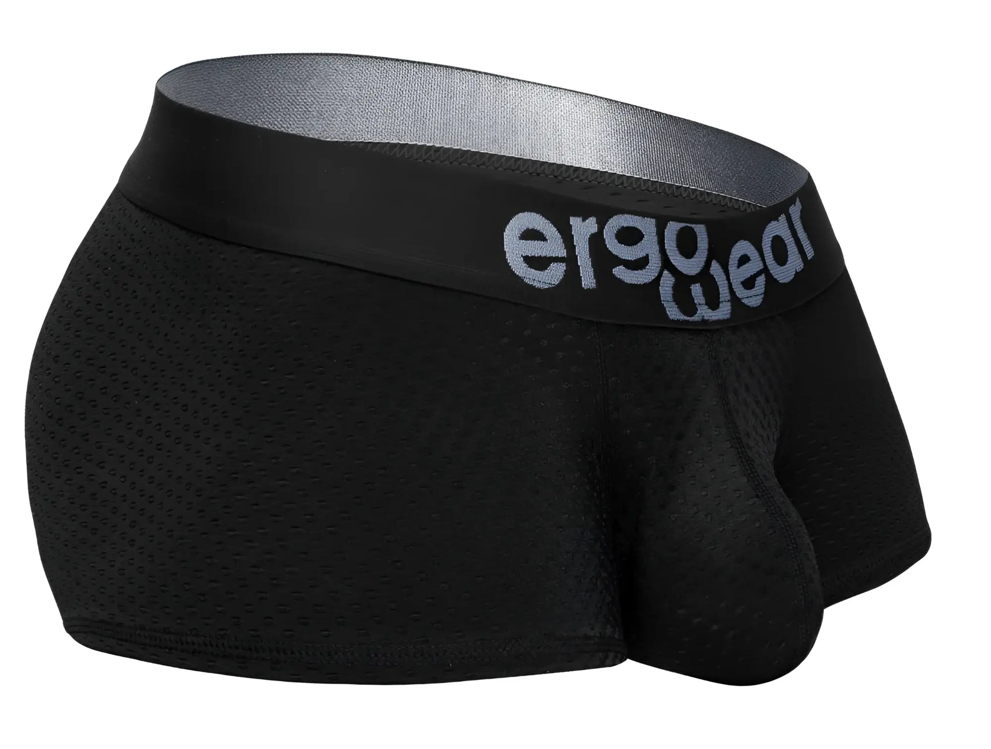 Black ergo wear ew1689 max flow trunks with breathable mesh fabric and gray logo waistband