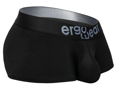 Black ergo wear ew1689 max flow trunks with breathable mesh fabric and gray logo waistband
