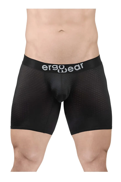 Black ergoWear ew1690 max flow boxer briefs with mesh texture and ergoWear logo on waistband front view