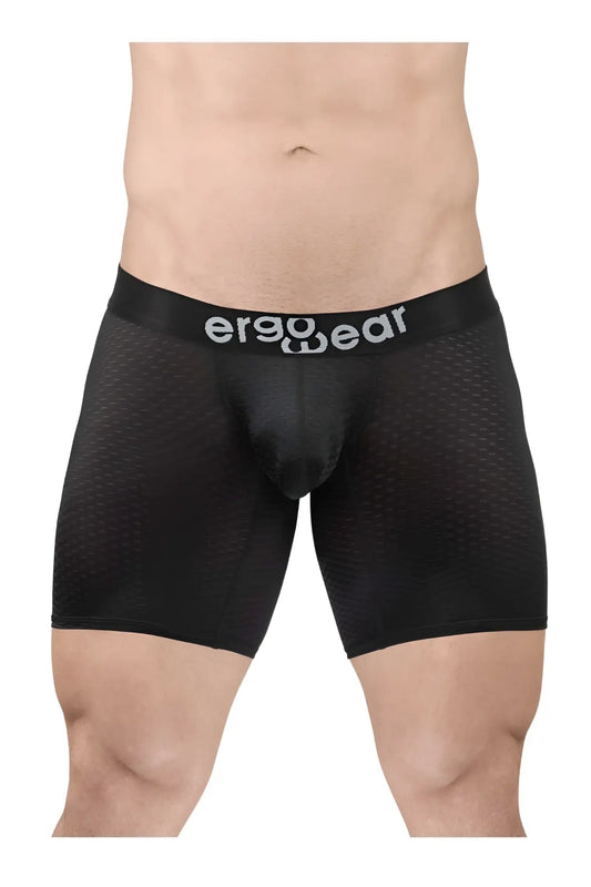 Black ergoWear ew1690 max flow boxer briefs with mesh texture and ergoWear logo on waistband front view