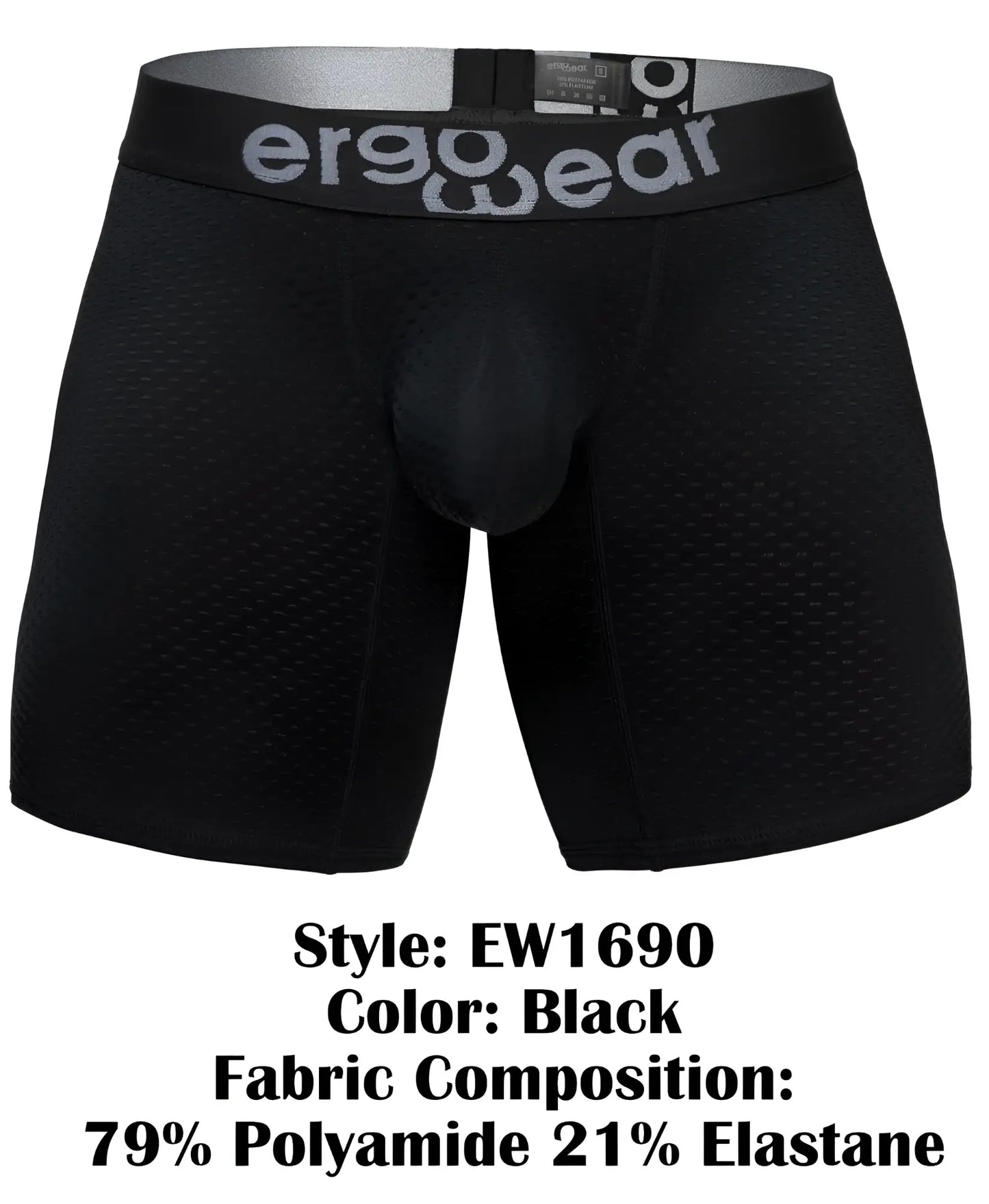Black ergo wear ew1690 max flow boxer briefs with ergonomic mesh texture and logo waistband for comfort and breathability