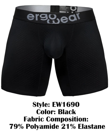 Black ergo wear ew1690 max flow boxer briefs with ergonomic mesh texture and logo waistband for comfort and breathability