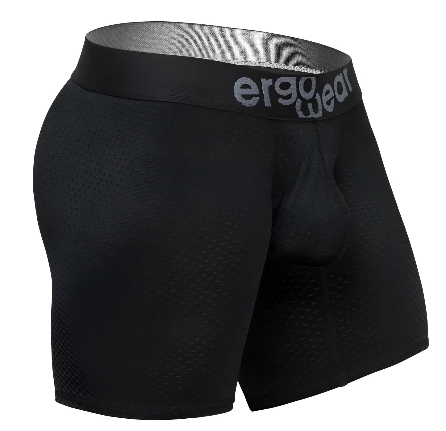 Black ergo wear ew1690 max flow boxer briefs with perforated mesh fabric and gray ergo wear logo on waistband