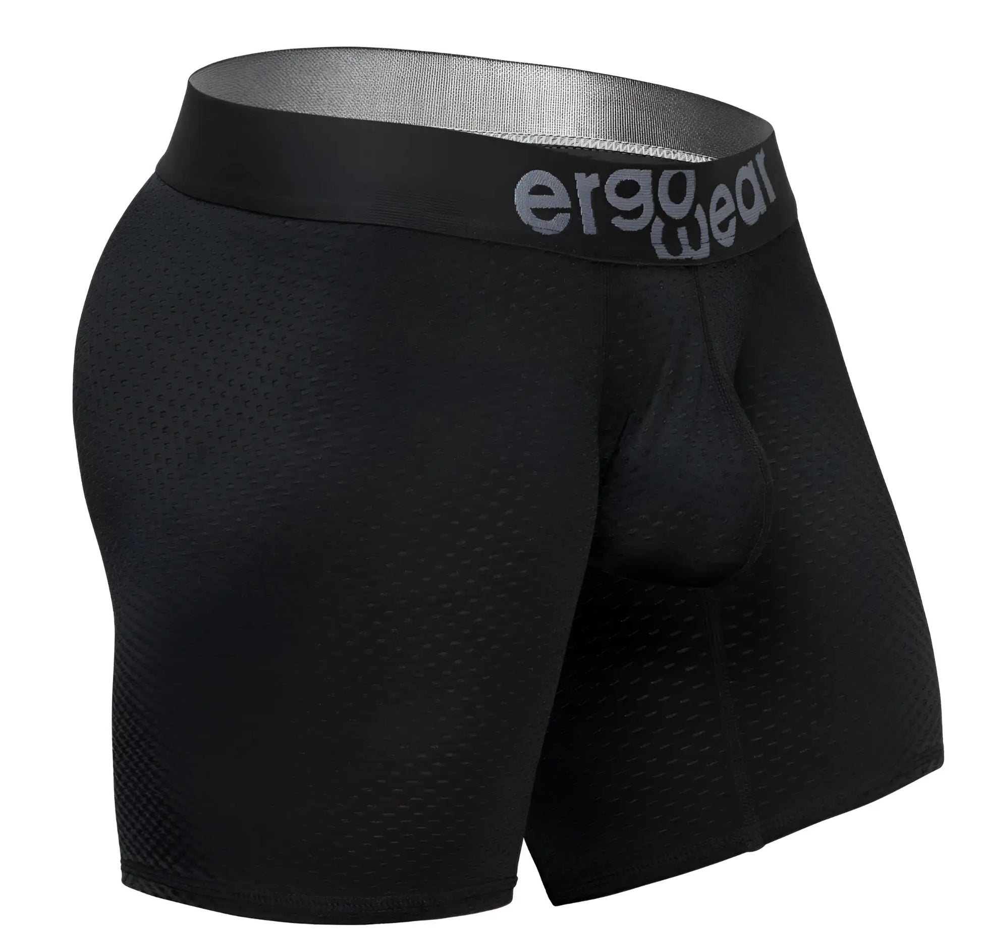 Black ergo wear ew1690 max flow boxer briefs with perforated mesh fabric and gray ergo wear logo on waistband