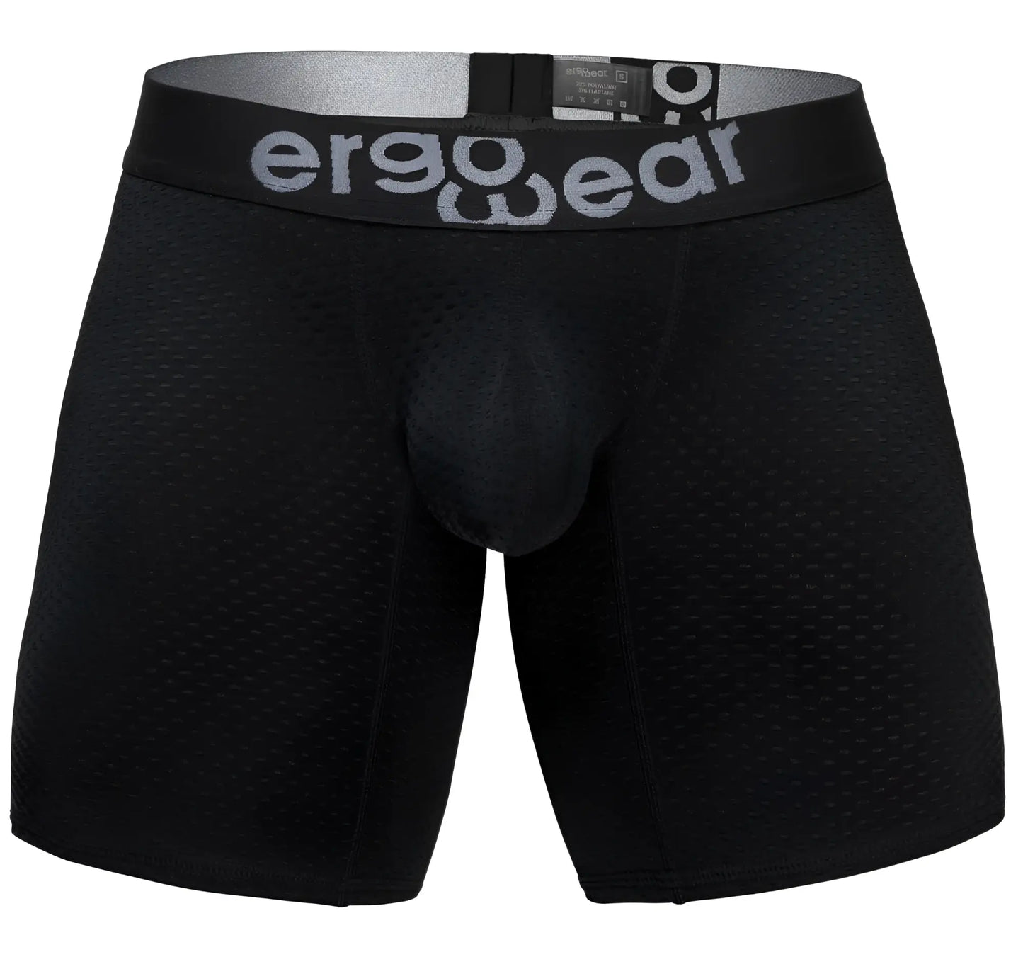 Black ergonomic boxer briefs with textured mesh fabric and gray ergowear branding on waistband ew1690 max flow model