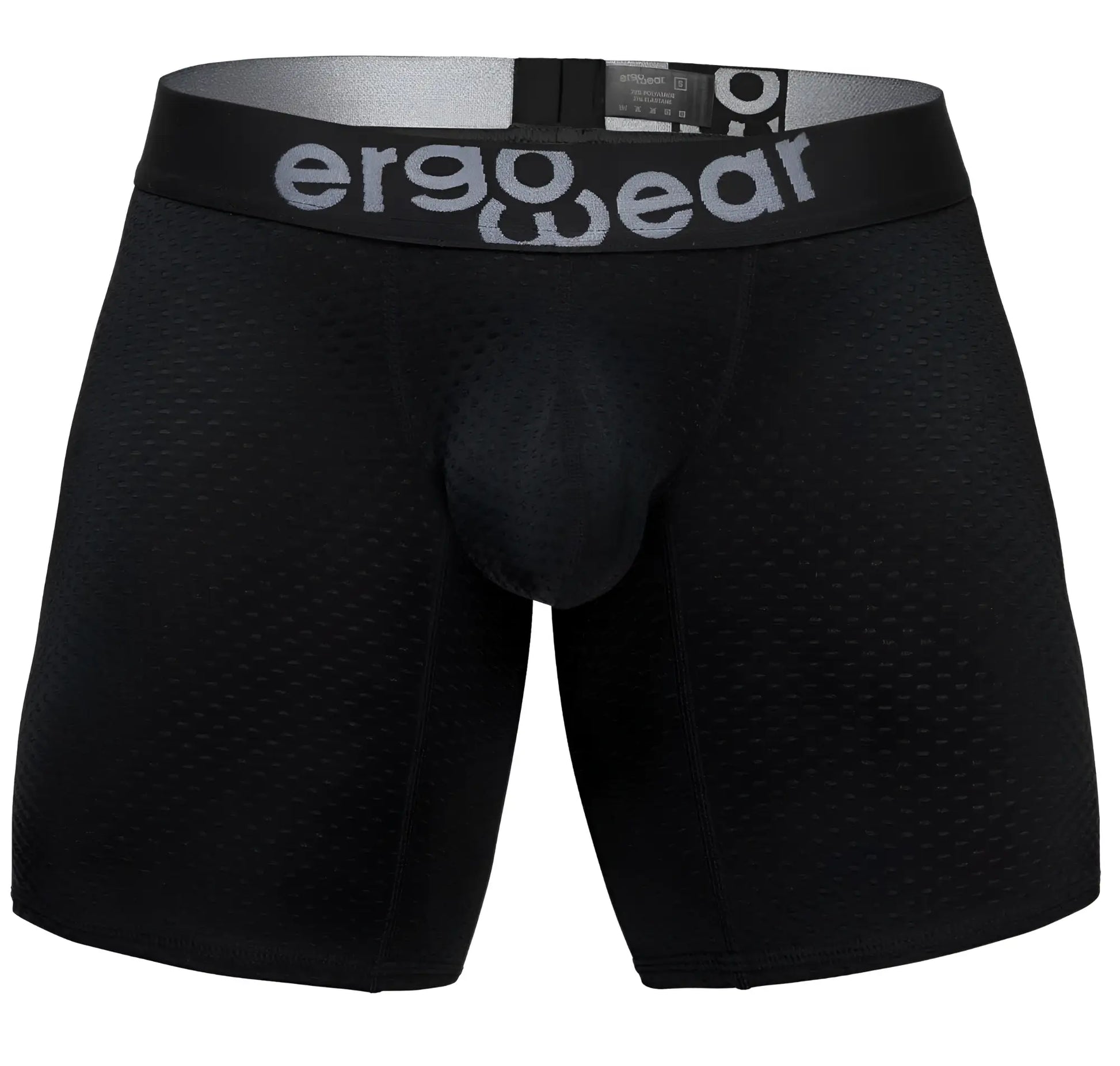 Black ergonomic boxer briefs with textured mesh fabric and gray ergowear branding on waistband ew1690 max flow model