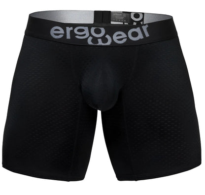 Black ergonomic boxer briefs with textured mesh fabric and gray ergowear branding on waistband ew1690 max flow model