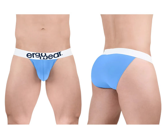 Light blue ergonomic cotton bikini briefs with white waistband and ergo wear logo in black text front view