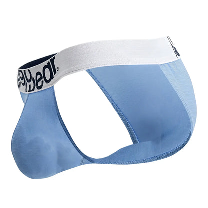 Light blue men’s ErgoWear ew1712 max cotton bikini briefs with a white waistband and sweatwear logo in black text