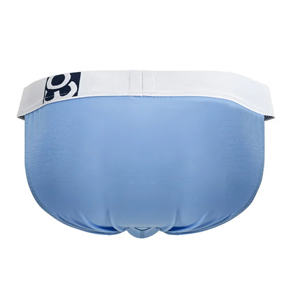 Light blue ergo wear ew1712 max cotton men’s briefs with white elastic waistband and black and white logo