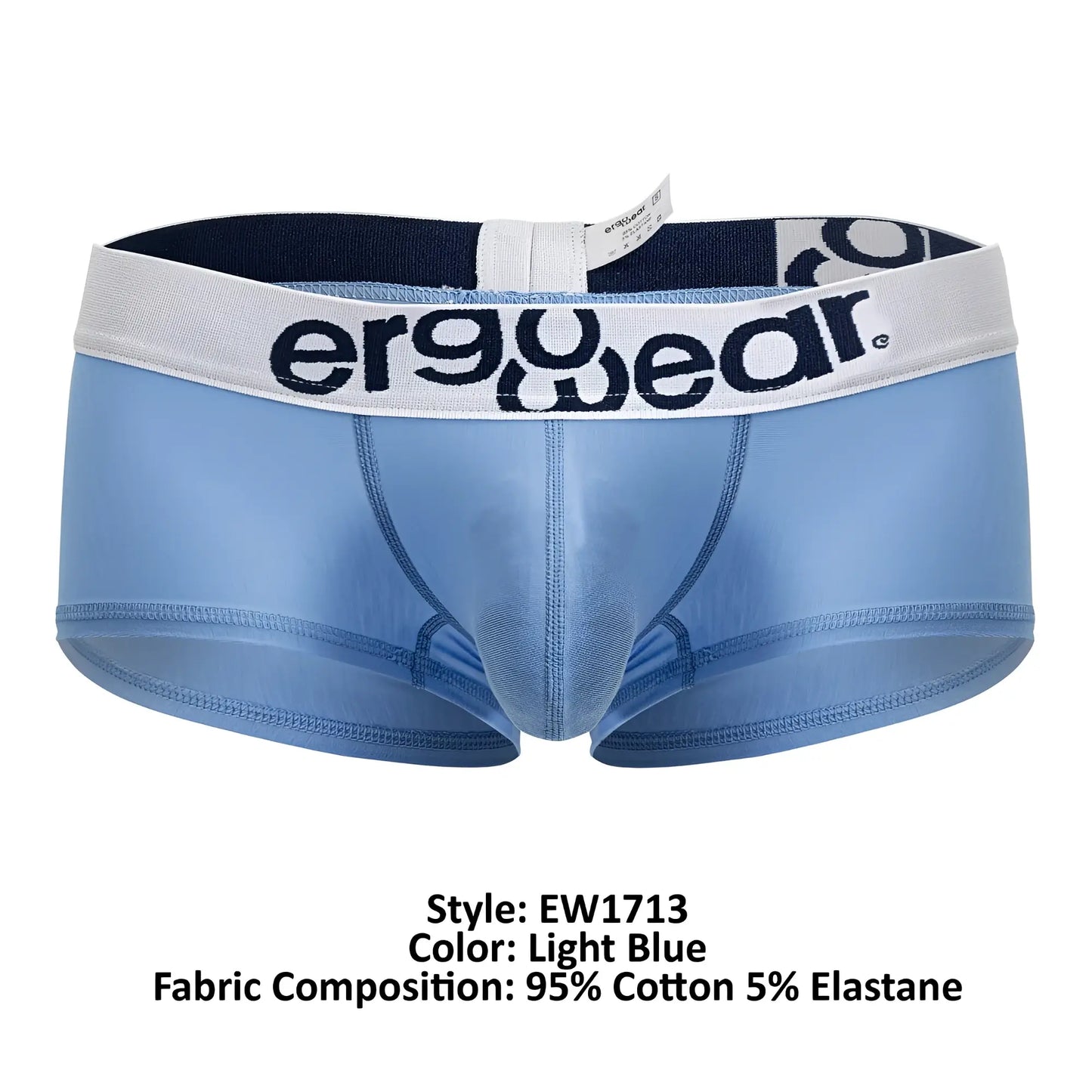 Light blue ergonomic cotton briefs with white waistband and ergo wear logo in black lettering front view