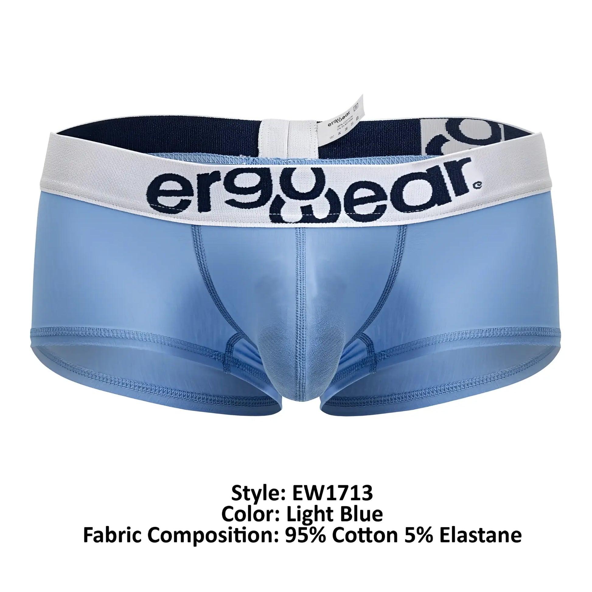 Light blue ergonomic cotton briefs with white waistband and ergo wear logo in black lettering front view