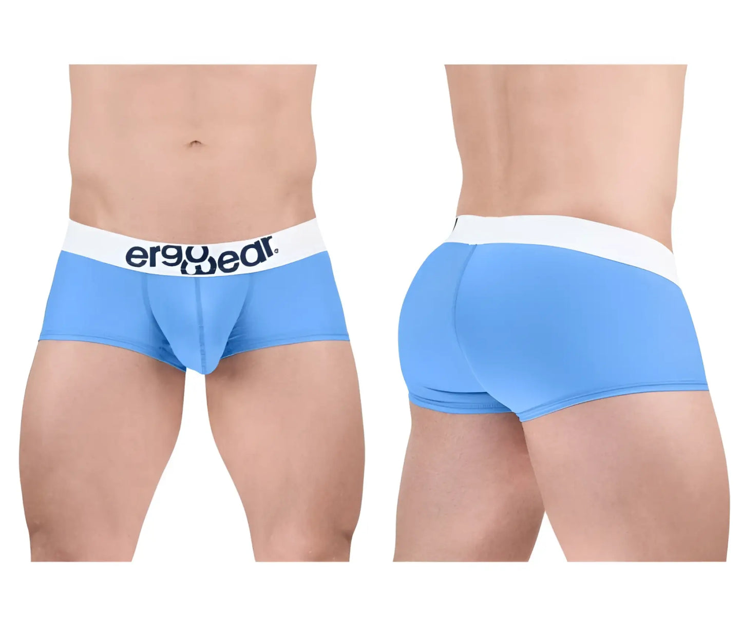 Light blue ergonomic cotton briefs with a white waistband and ergo wear logo designed for maximum comfort