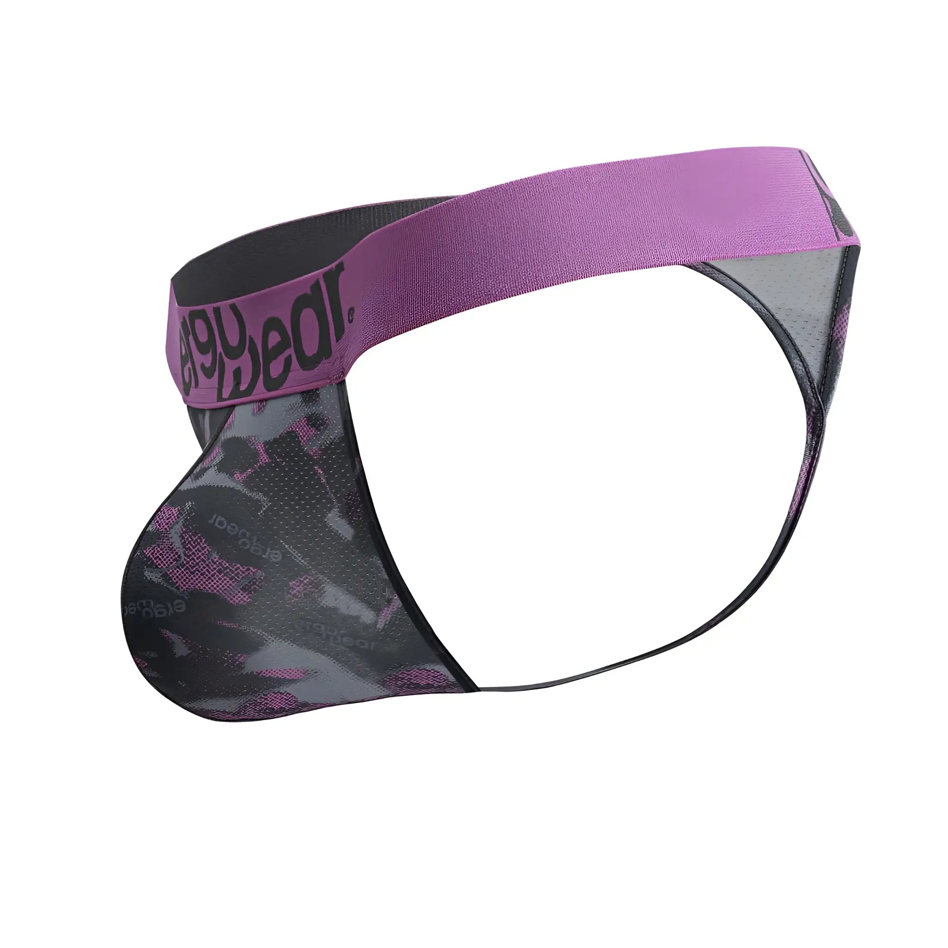 Purple and black patterned men’s briefs with mesh design and elastic waistband from ergowear ew1714 max se camo g-string pink
