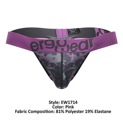 Purple and black patterned men’s mesh thong with ergowear logo on waistband in pink erowear ew1714 max se camo g-string