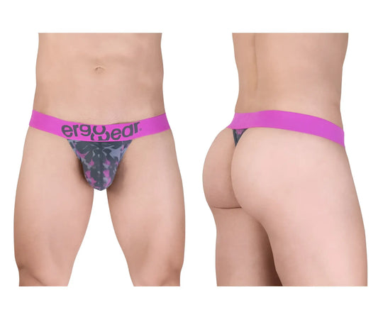 Men’s ergo wear ew1714 max se camo g-string with vibrant pink waistband and dark gray purple tropical leaf pattern