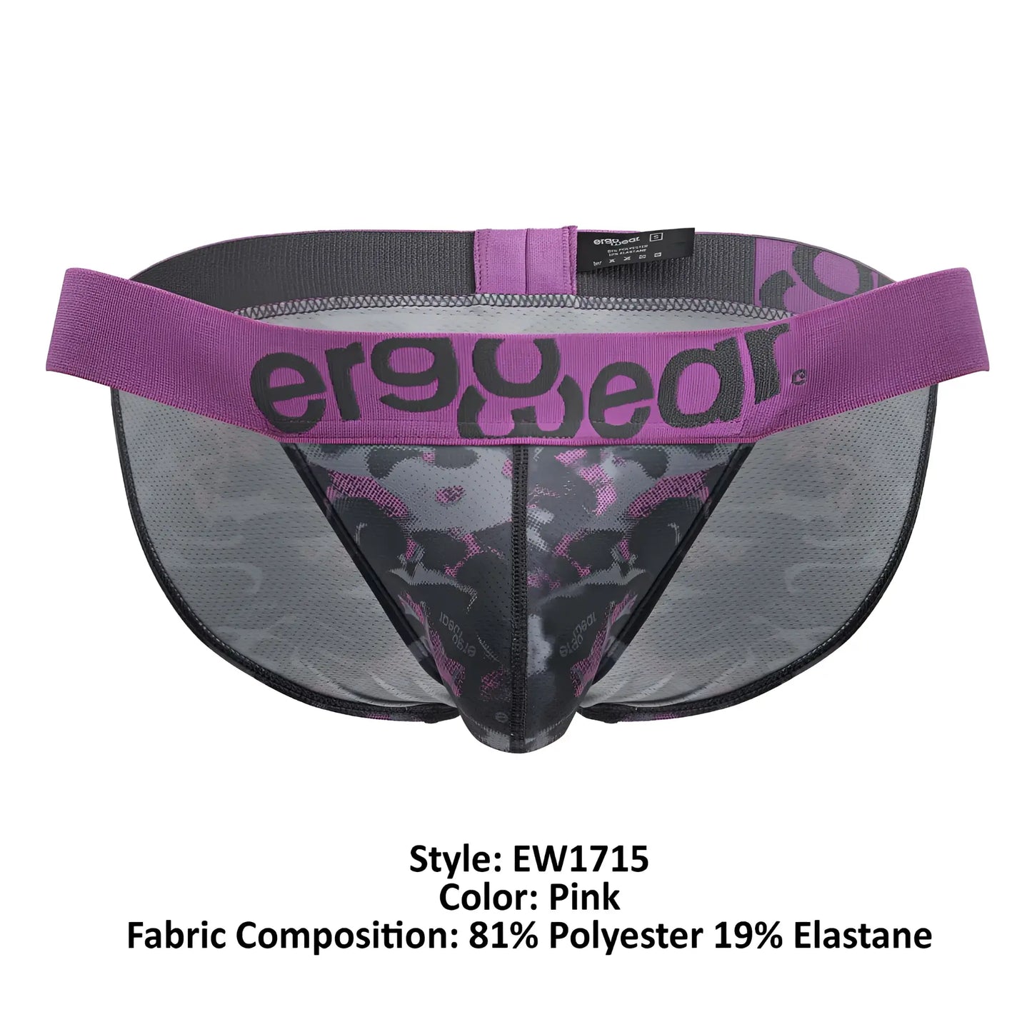 Pink mesh ergo wear ew1715 max se camo bikini briefs with purple waistband and black skull patterns