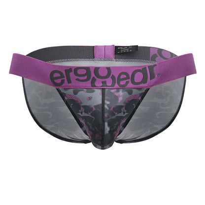 Purple and black patterned mesh briefs with branded waistband from ergowear ew1715 max se camo bikini in pink