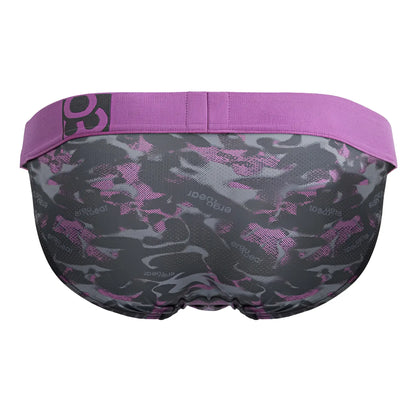 Ergowear ew1715 max se camo bikini pink featuring purple and gray camouflage men’s briefs with solid purple waistband