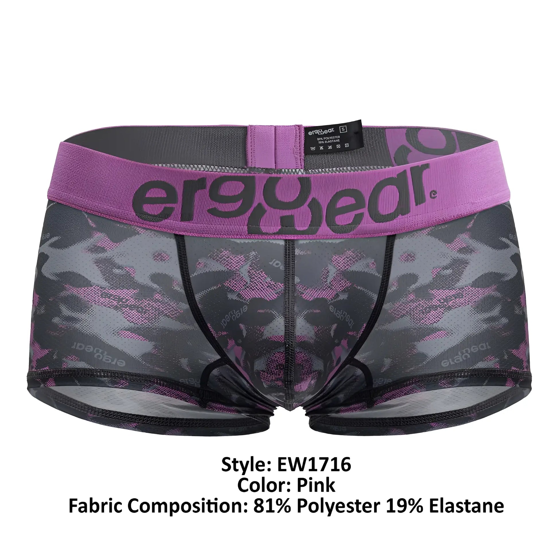 Pink camouflage men’s briefs with purple waistband black trim and ergowear logo ergo wear ew1716 max se camo trunks