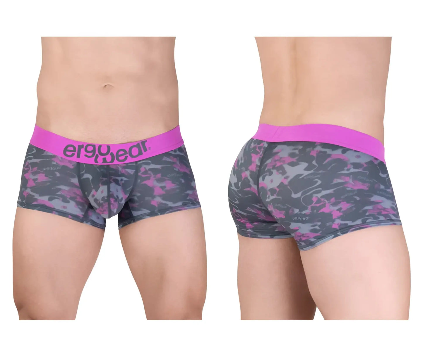 Men’s pink and gray camouflage ergo wear ew1716 max se trunks with bright pink waistband for comfortable wear