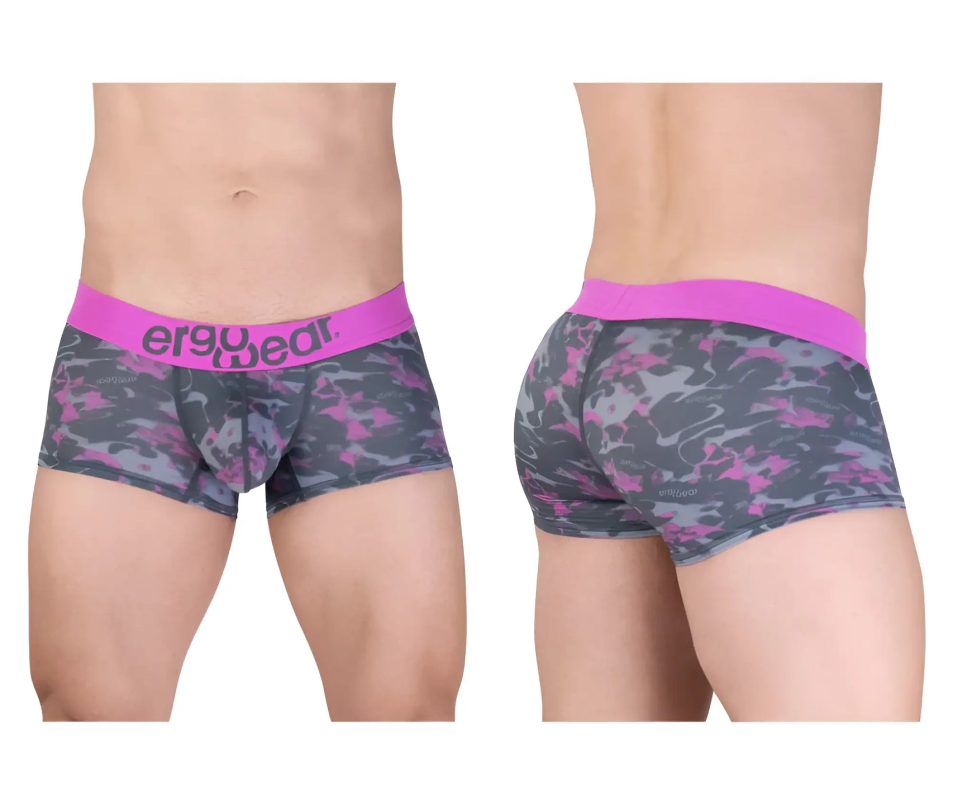 Men’s pink and gray camouflage ergo wear ew1716 max se trunks with bright pink waistband for comfortable wear