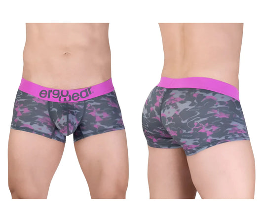 Men’s pink and gray camouflage ergo wear ew1716 max se trunks with bright pink waistband for comfortable wear