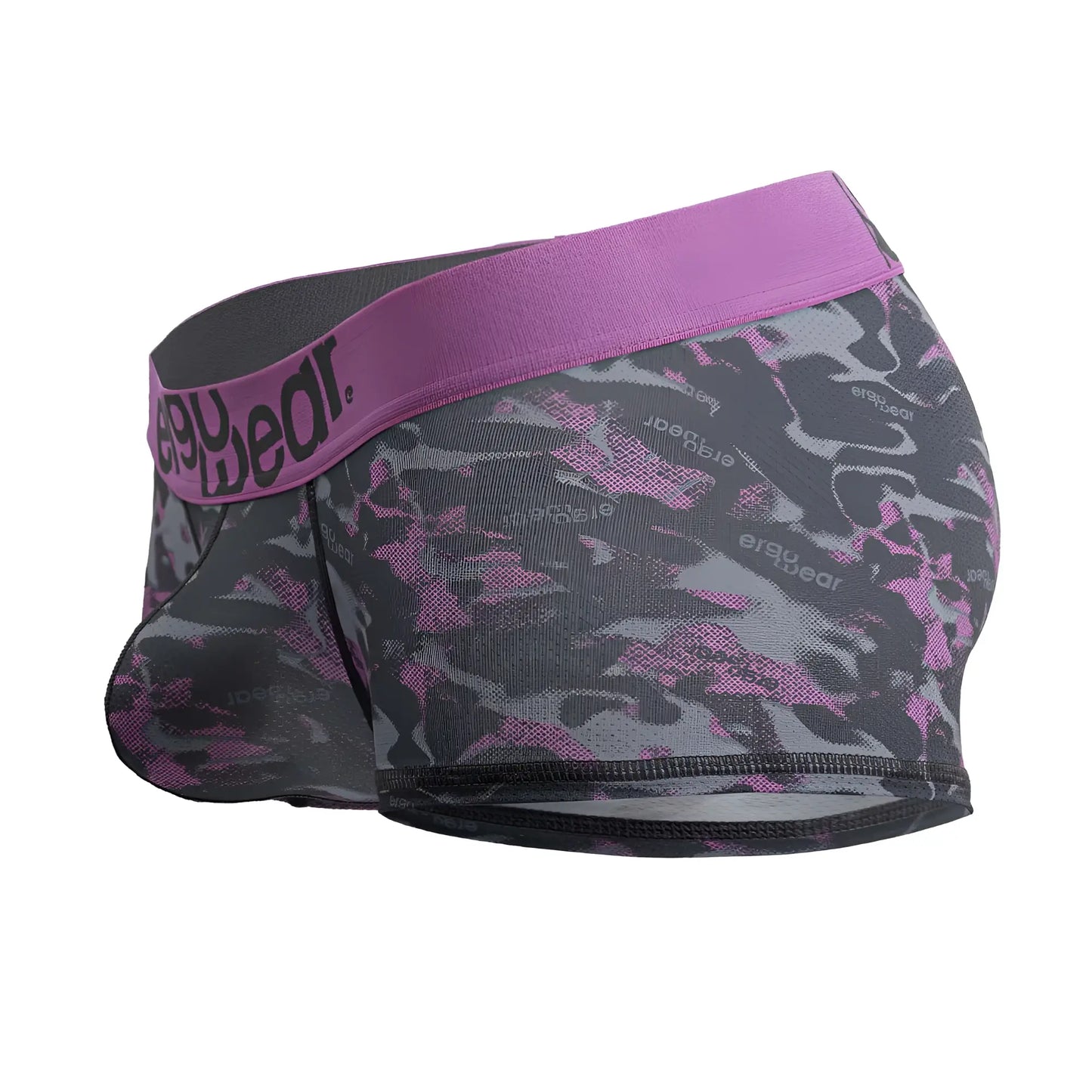 Purple and gray camouflage men’s boxer briefs with solid purple waistband and ergy wear brand name in pink color