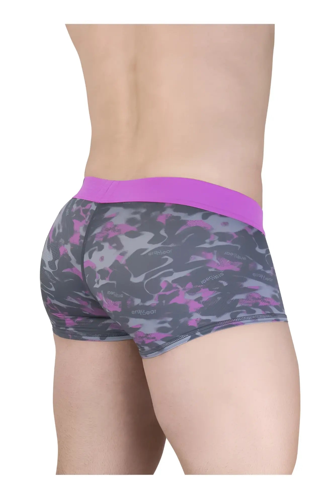 Ergo wear ew1716 max se camo trunks in pink with purple and gray camouflage briefs and solid purple waistband