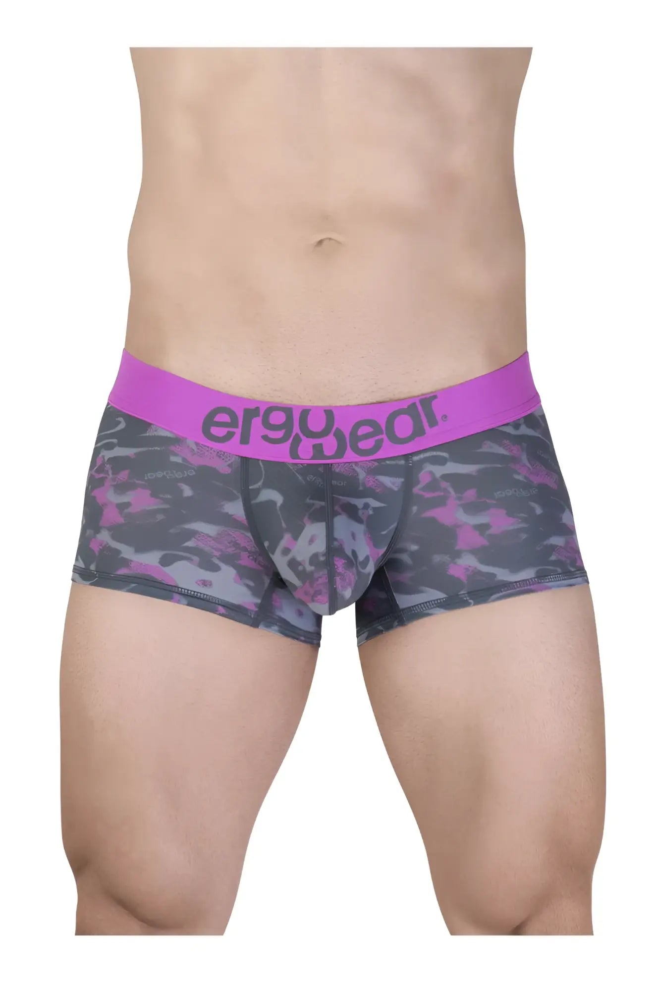 Purple and gray camouflage men’s briefs with bright pink ergowear waistband ergonomic trunk underwear
