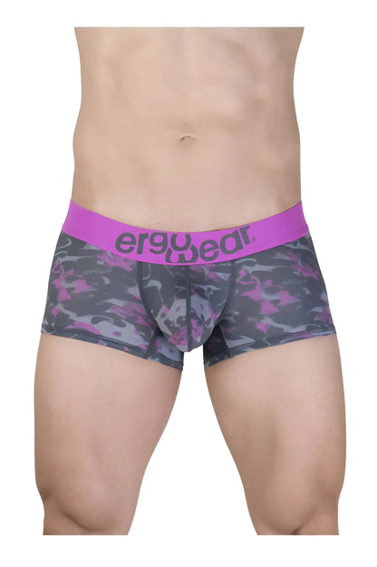 Purple and gray camouflage men’s briefs with bright pink ergowear waistband ergonomic trunk underwear