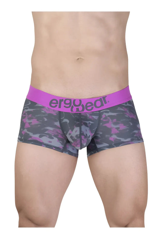 Purple and gray camouflage men’s briefs with bright pink ergowear waistband ergonomic trunk underwear