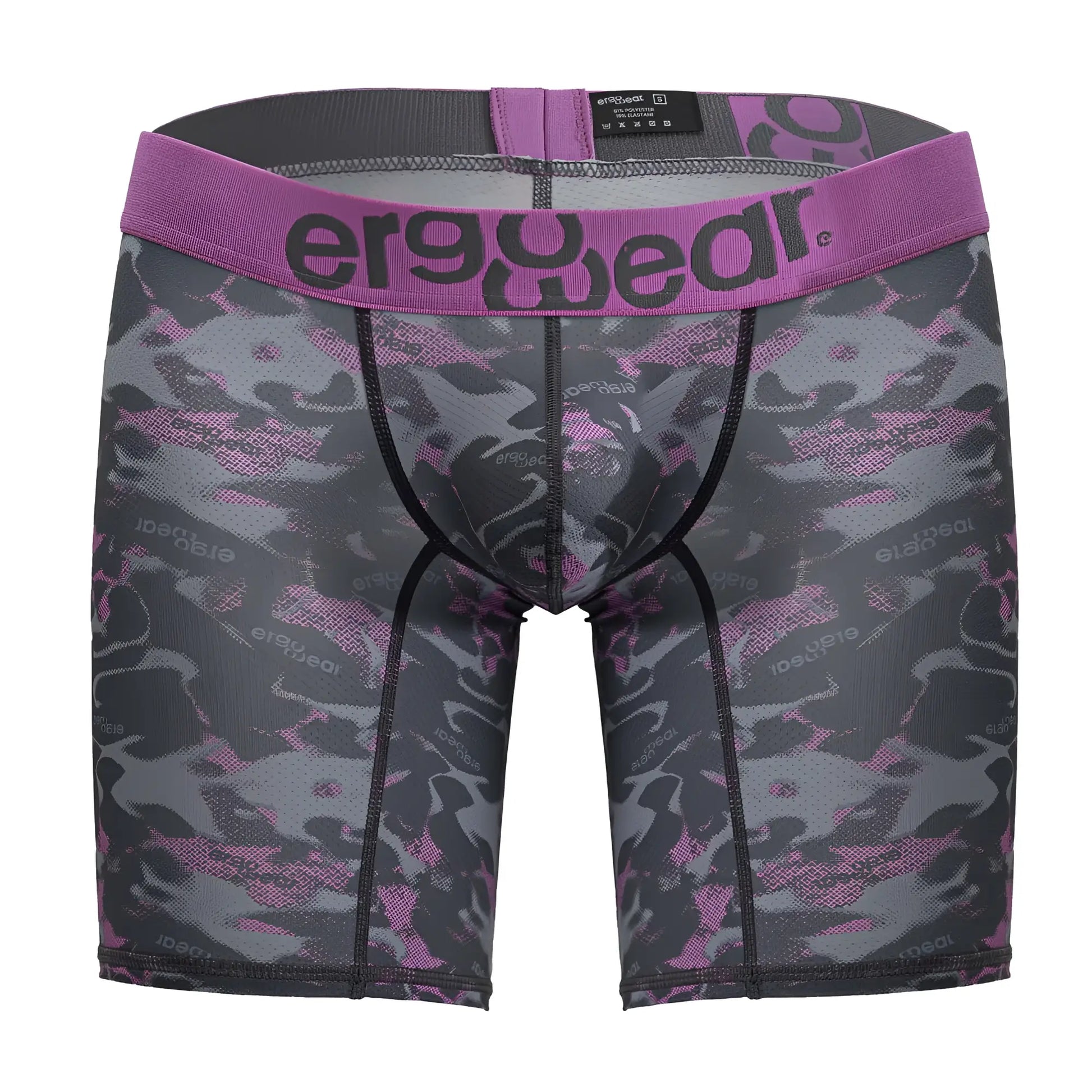 Purple and gray camouflage patterned men’s boxer briefs with ergowear logo on waistband in pink color