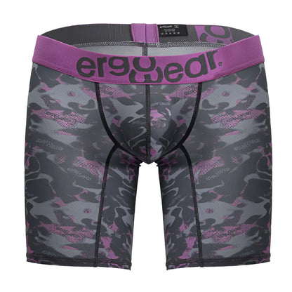 Purple and gray camouflage patterned men’s boxer briefs with ergowear logo on waistband in pink color