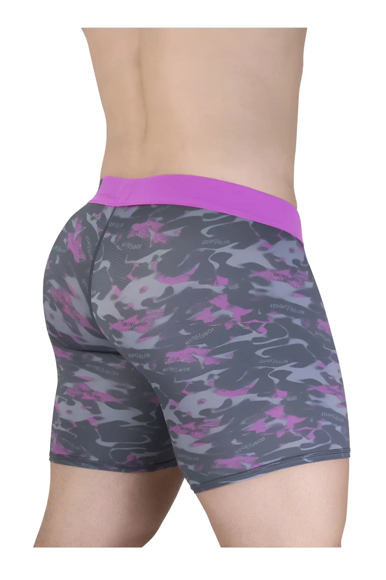 ErgoWear ew1717 max se camo boxer briefs in purple and gray camouflage with solid purple waistband in pink color