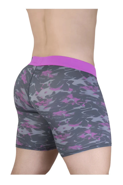 ErgoWear ew1717 max se camo boxer briefs in purple and gray camouflage with solid purple waistband in pink color