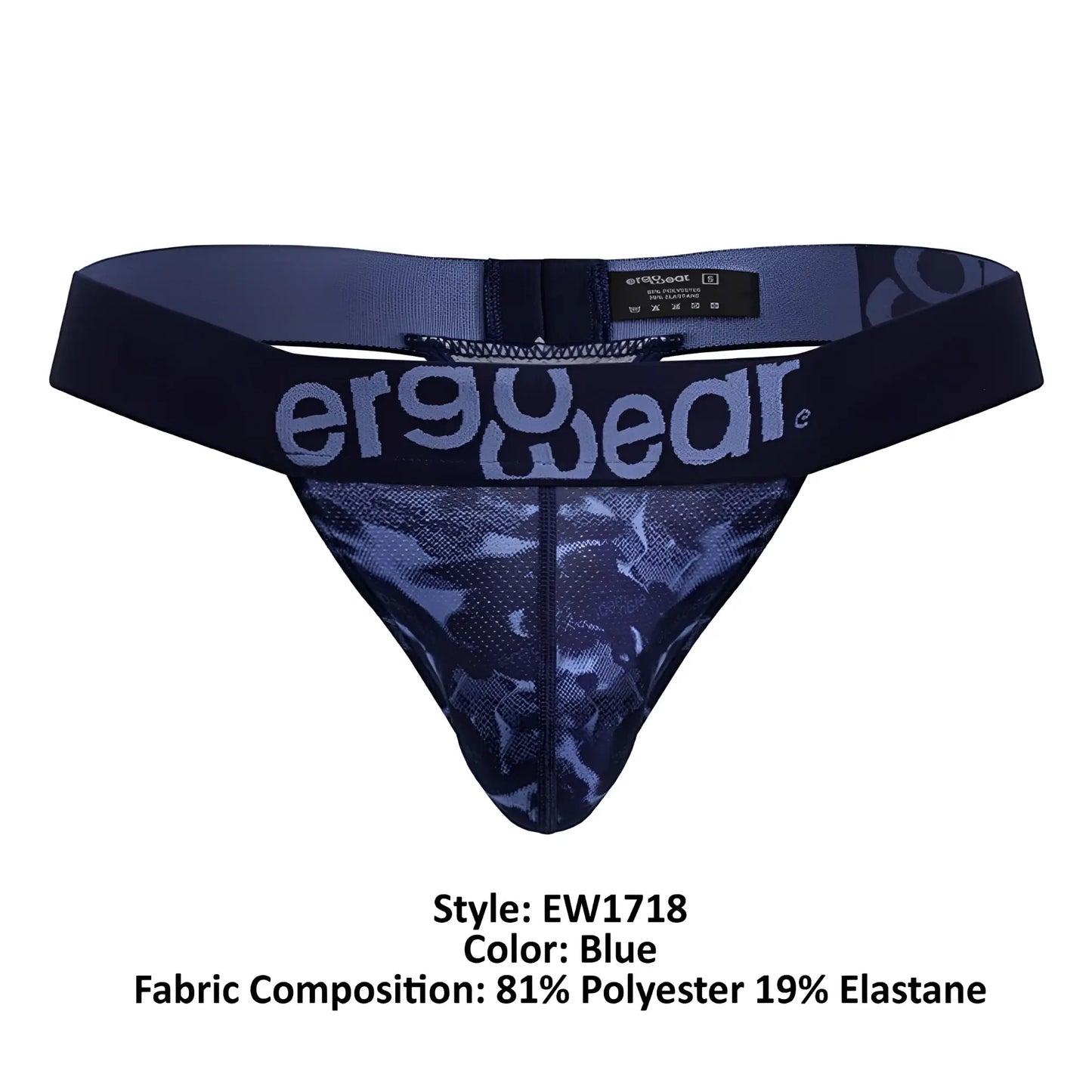 Blue ergowear ew1718 max se camo g-string thong with dark blue camouflage mesh and elastic waistband back view