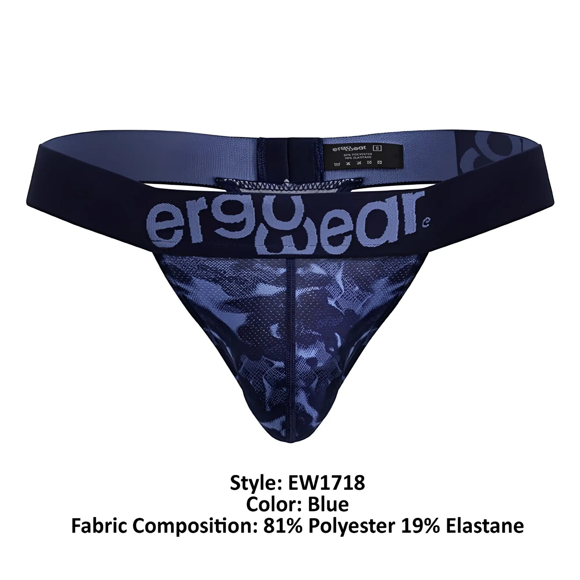 Blue ergowear ew1718 max se camo g-string thong with dark blue camouflage mesh and elastic waistband back view