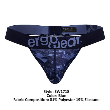 Blue ergowear ew1718 max se camo g-string thong with dark blue camouflage mesh and elastic waistband back view