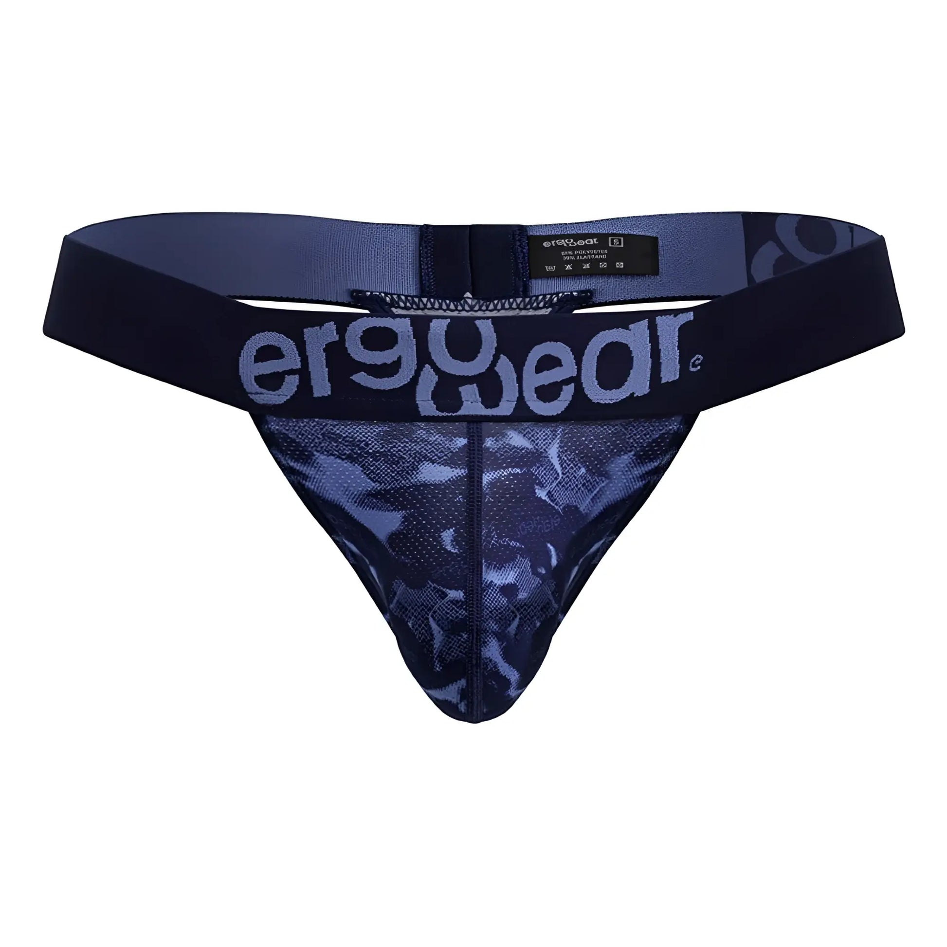 Navy blue mesh thong with subtle camouflage pattern and light gray ergowear logo on the waistband front side
