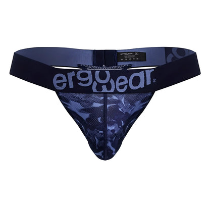 Navy blue mesh thong with subtle camouflage pattern and light gray ergowear logo on the waistband front side