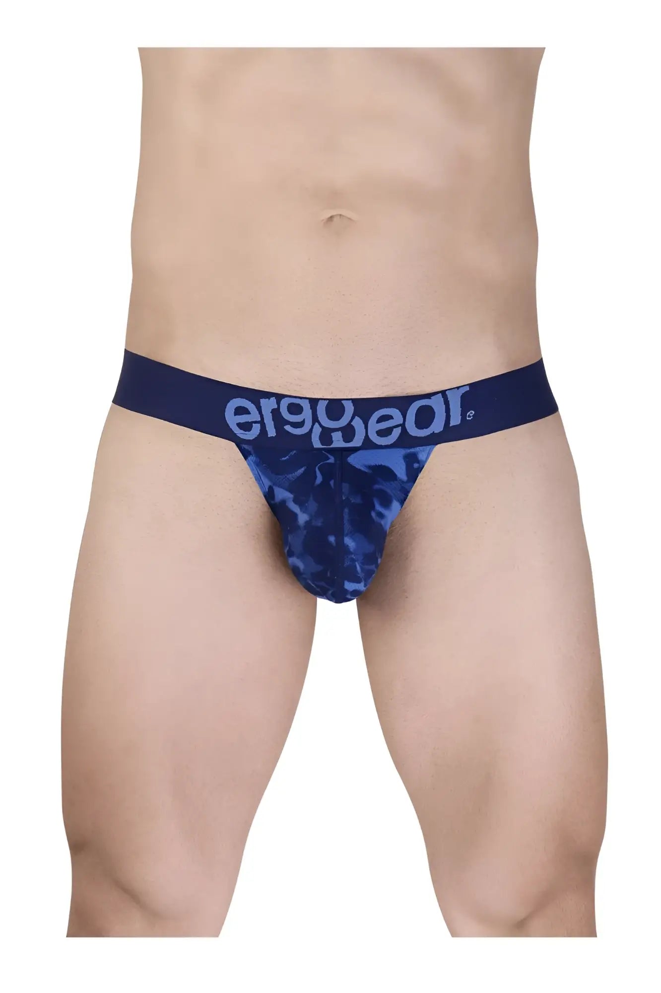Blue camouflage men’s briefs with navy ergo wear waistband designed for comfort and style in ew1719 max se camo bikini