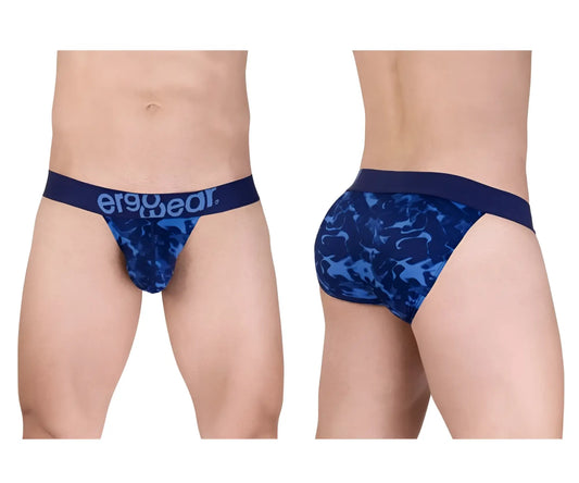 Ergowear ew1719 max se camo bikini briefs in blue camouflage with a solid navy waistband featuring the ergowear brand name