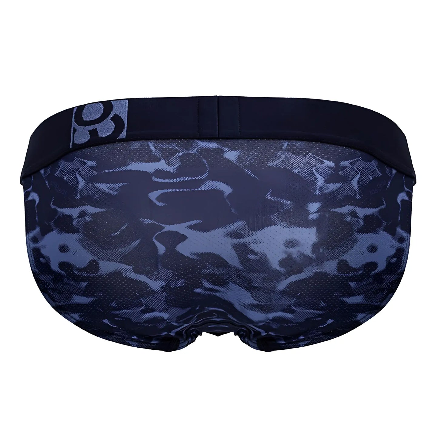 Dark blue camouflage patterned men’s briefs with black elastic waistband and small logo patch by ergowear ew1719 max se camo bikini
