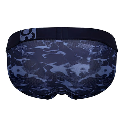 Dark blue camouflage patterned men’s briefs with black elastic waistband and small logo patch by ergowear ew1719 max se camo bikini