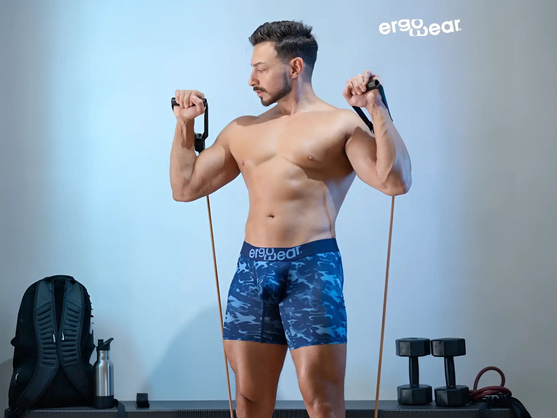Ergo wear ew1721 max se camo boxer briefs in blue feature a blue camouflage pattern and ergonomic design for comfort