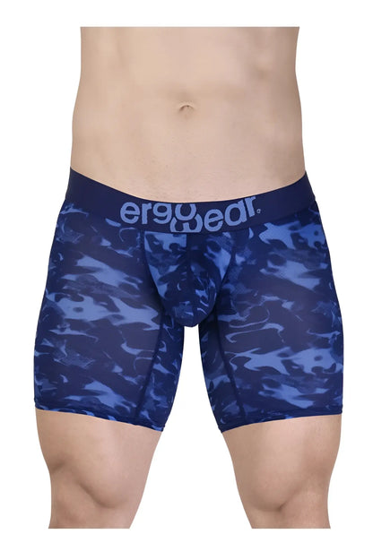 Blue camouflage patterned men’s boxer briefs with dark blue ergowear waistband for comfortable support