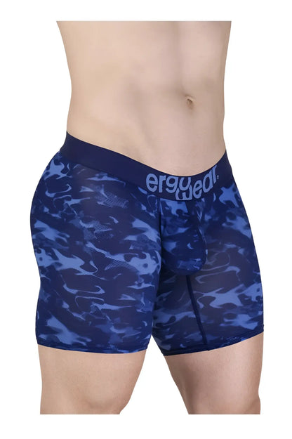 Blue camouflage-patterned men’s boxer briefs with a dark blue ergowear waistband ew1721 max se camo boxer briefs