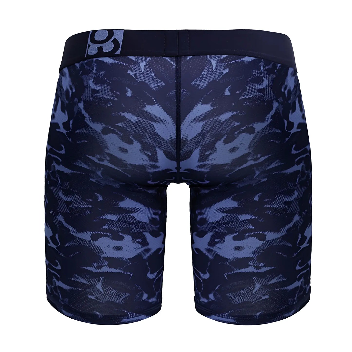 Dark blue and black camouflage pattern ergoWear ew1721 max se camo boxer briefs with black waistband and white logo